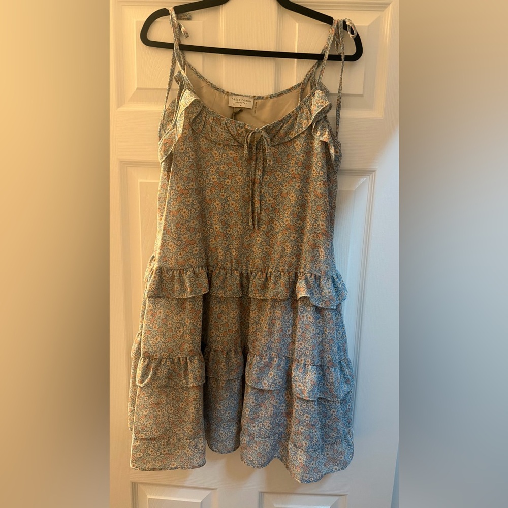 Dress Forum Blue and Peach Floral Ruffle Tiered Dress